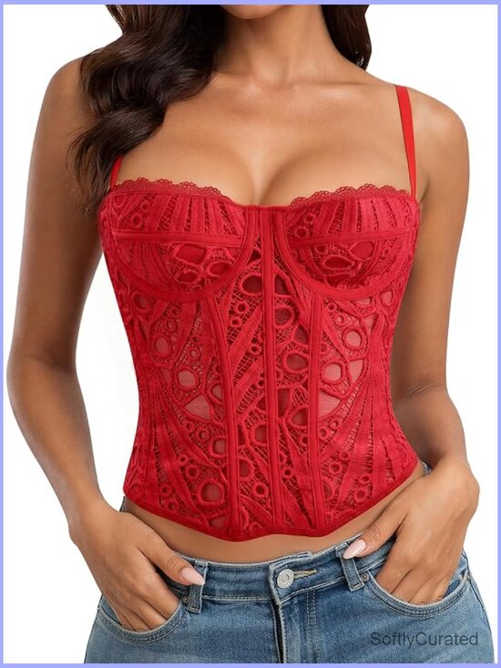 Other - Sexy Lace Mesh Crop Top Bustier Corset with Adjustable Straps and Plastic Boning